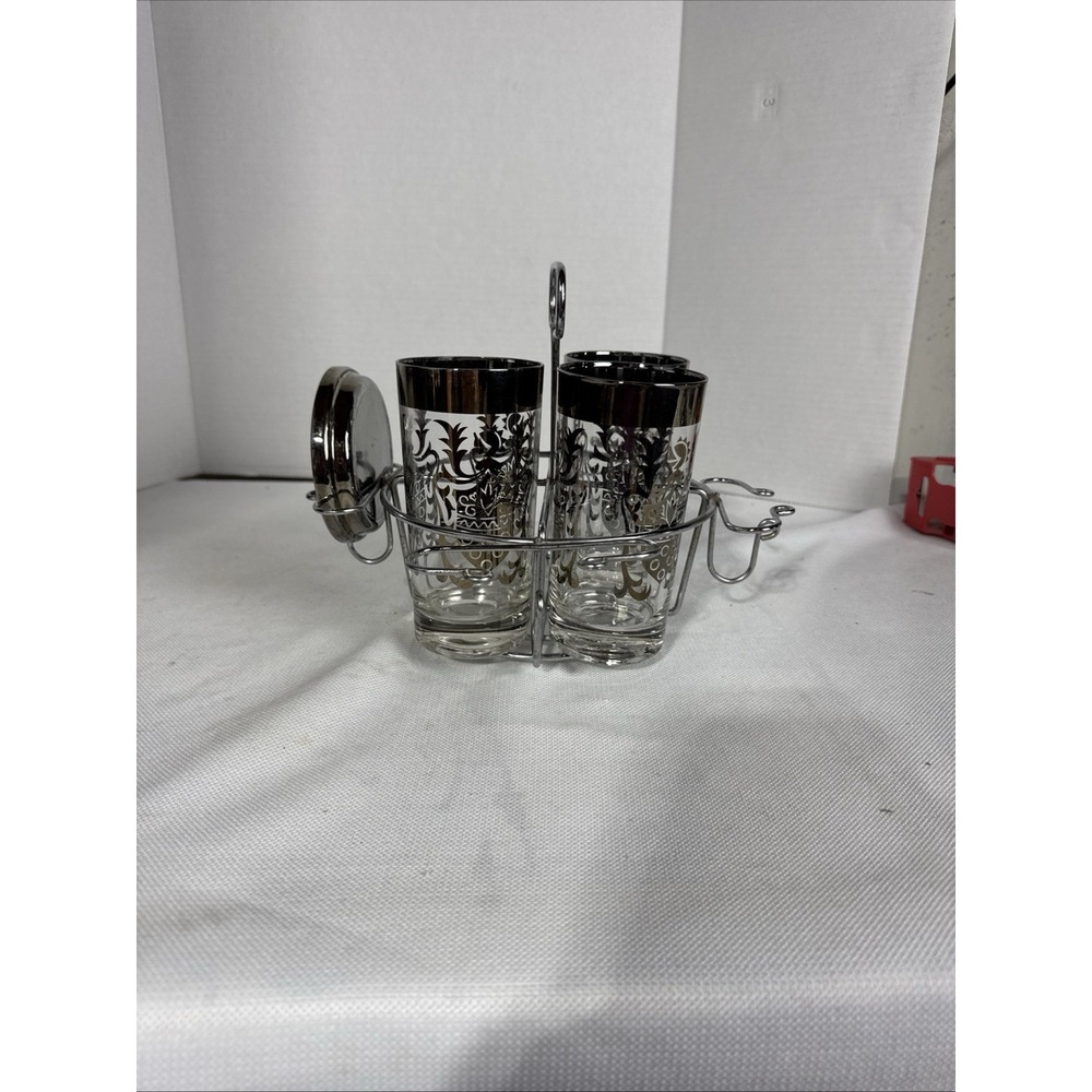 Kimiko Silver Knight‎ Shield High Ball Set 3 Glasses 1 Coaster Holder